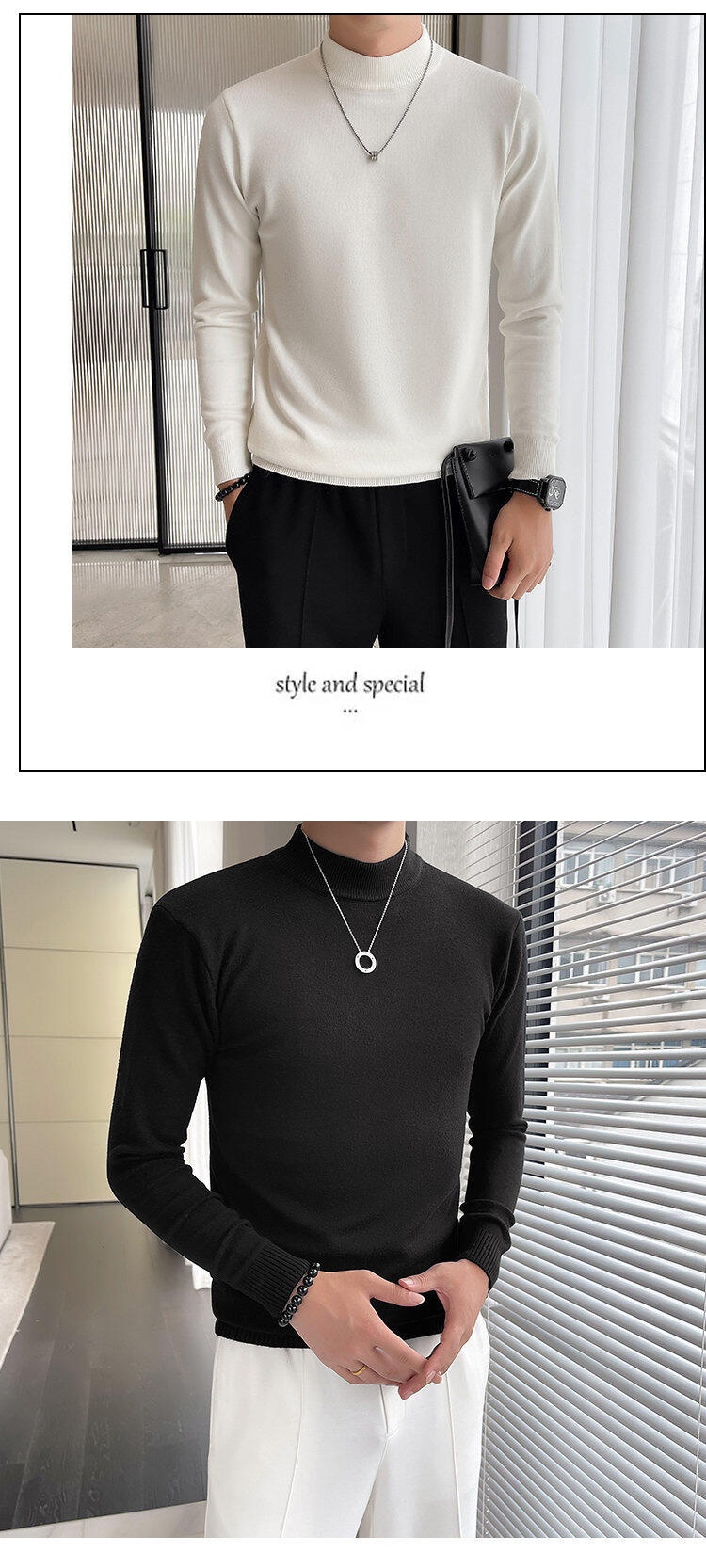 boy Boy Boy Boy Fanwo FW9922 2024 Winter Half Turtleneck High-Quality One-Piece Fleece Sweater Base Layer Slightly Wide Version Non-Iron_voghion.com