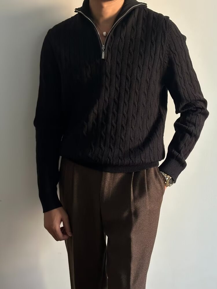 Pull demi-zip pour homme, collection automne 2024, style coréen, polyvalent, en maille épaisse à torsades, col rabattu._voghion.com
