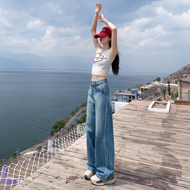 ChicShe 2025 Lente Zomer Nieuwe Amerikaanse Retro Gewassen Losse Rechte Jeans Voor Vrouwen Veelzijdige Gedrapeerde Wijde Broek_voghion.com