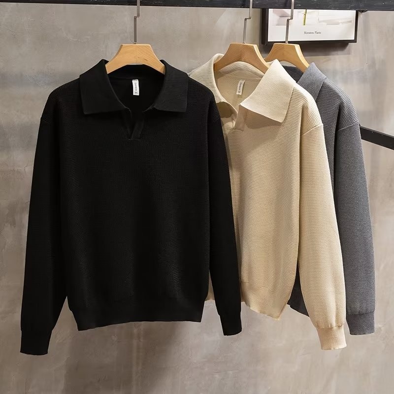 boy Boy Turn-Down Collar Knit Autumn Winter 2022 New Style Men High-End Trendy Pullover Long Sleeve Polo Sweater_voghion.com