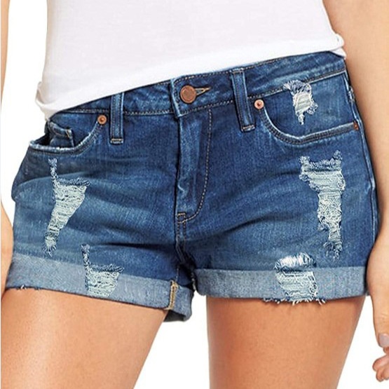 ChicShe European And American Foreign Trade Cross-Border Source Stretch Ripped Cuffed Denim Shorts For Women_voghion.com