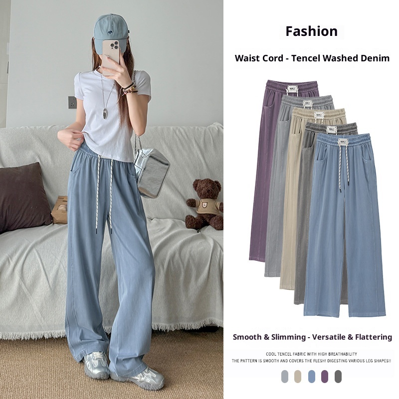 Jean ChicShe Tencel pour femme, été 2025, coupe fine, taille S, drapé, taille élastique, jambes larges, effet soie glacée._voghion.com