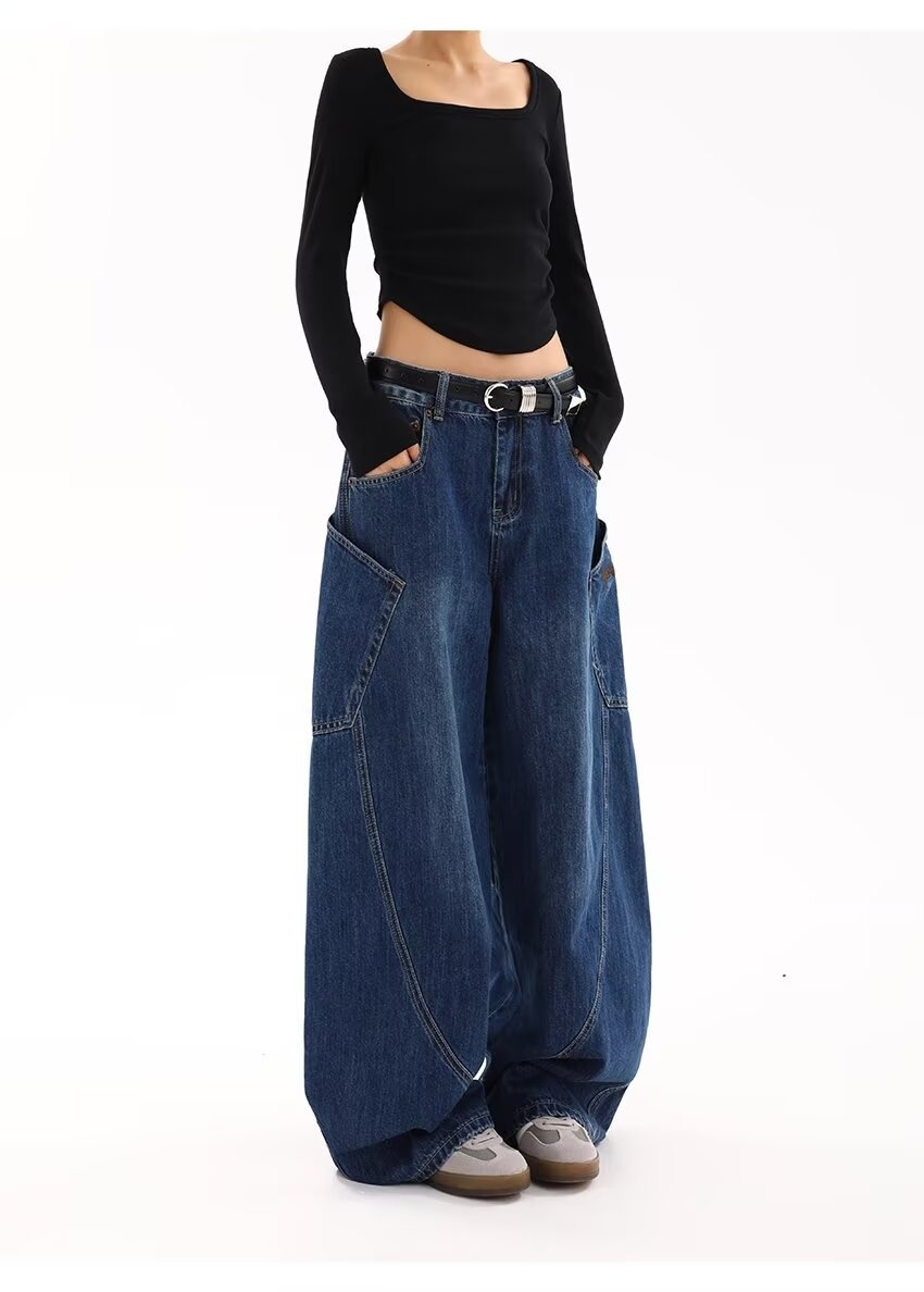 Jeans ChicShe American Retro Large Pocket Scimitar da donna, stile primaverile e autunnale, design High Street, gamba larga e ampia_voghion.com