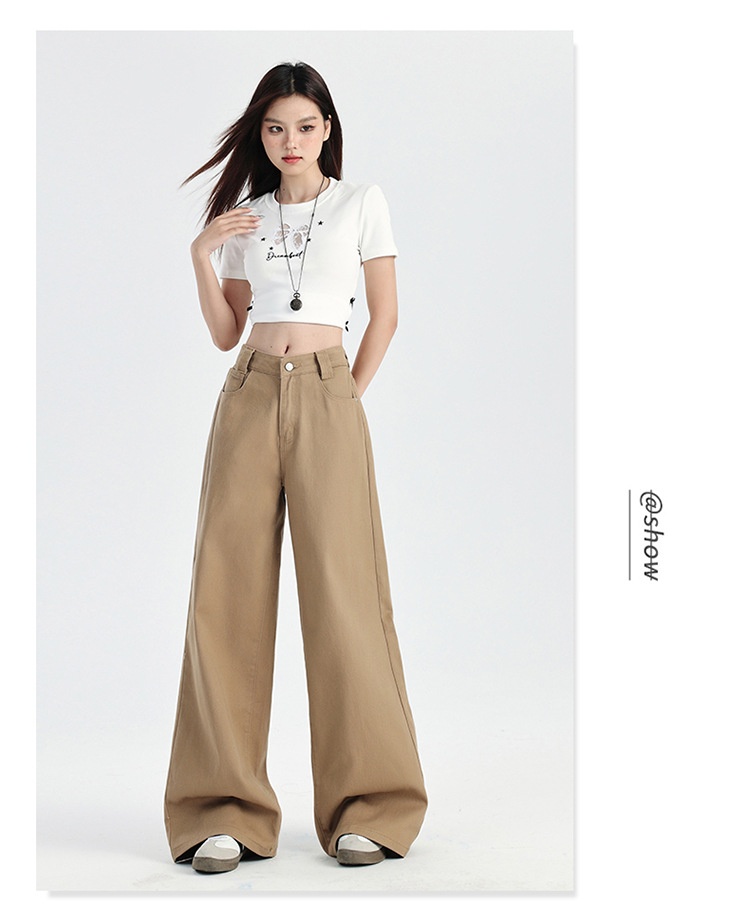 ChicShe Hong Kong-stijl rechte jeans voor dames, zomer, nieuwe high-end Latte Brown losse, afslankende, wijde broek tot op de grond_voghion.com