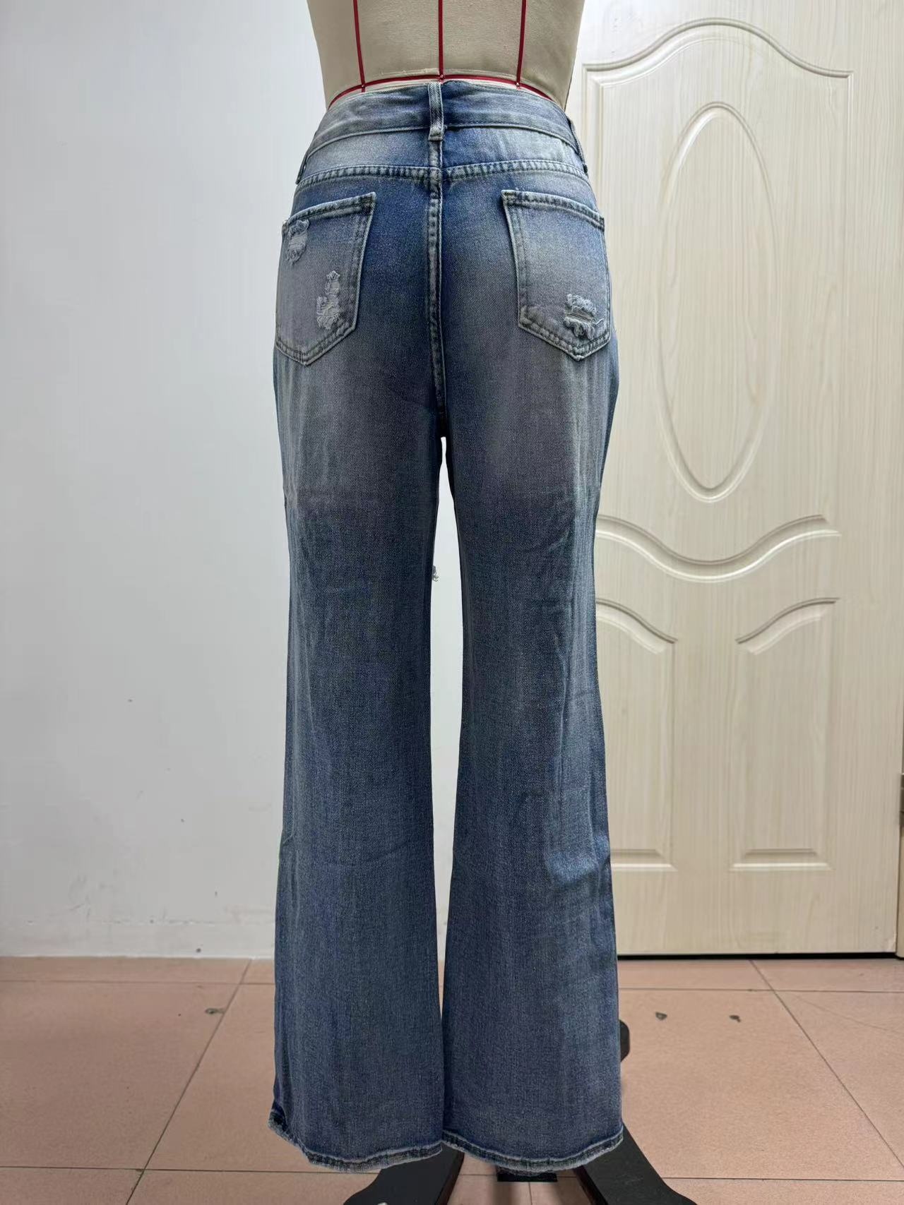 ChicShe Cross-Border Exclusive pour l'Europe et l'Amérique Independent Station Jean taille haute déchiré Pantalon évasé ample_voghion.com