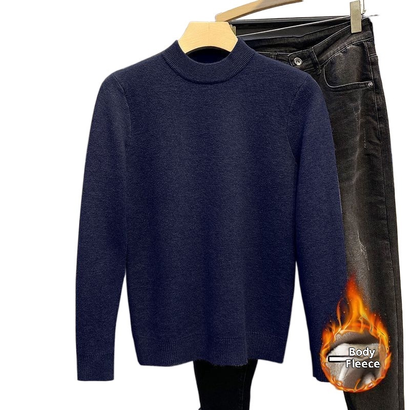 boy Boy Boy Boy Half Turtleneck Sweater For Men, Fleece-Lined Thickened, Autumn And Winter, Mid-Neck, Solid Color, Student Base Layer,_voghion.com