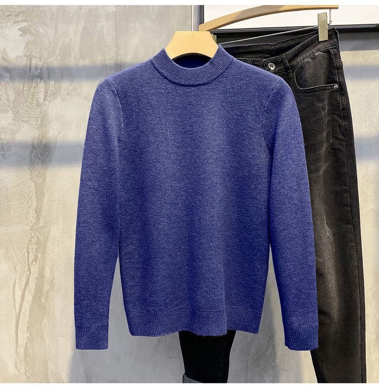 boy Boy Boy Boy Half Turtleneck Sweater For Men, Fleece-Lined Thickened, Autumn And Winter, Mid-Neck, Solid Color, Student Base Layer,_voghion.com