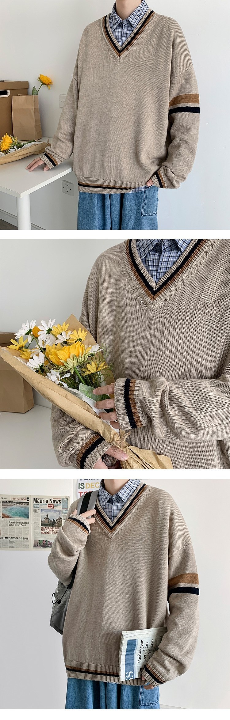 boy Boy Boy Boy Autumn Winter Sweater Men V-Neck Japanese Retro Loose Korean Style Pullover Casual Trendy Brand BF Color Block Knitwear_voghion.com