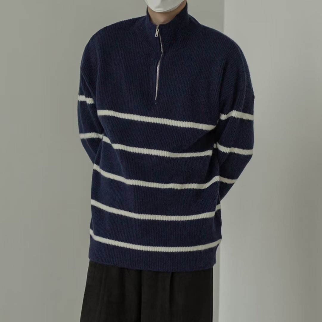 boy Boy Boy Boy Japanese Style Turn-Down Collar Sweater For Men, Autumn Korean Version, Lazy Style, Versatile Striped Pullover, Half-Zip_voghion.com