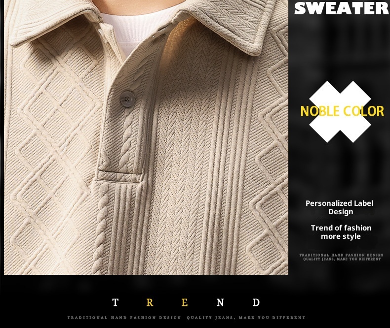 boy Boy High-Ed Frech Style Diamod Patter Jacquard Log-Sleeve Kit Sweater Me, Autum Textured Loose Fit Polo Shirt For_voghion.com