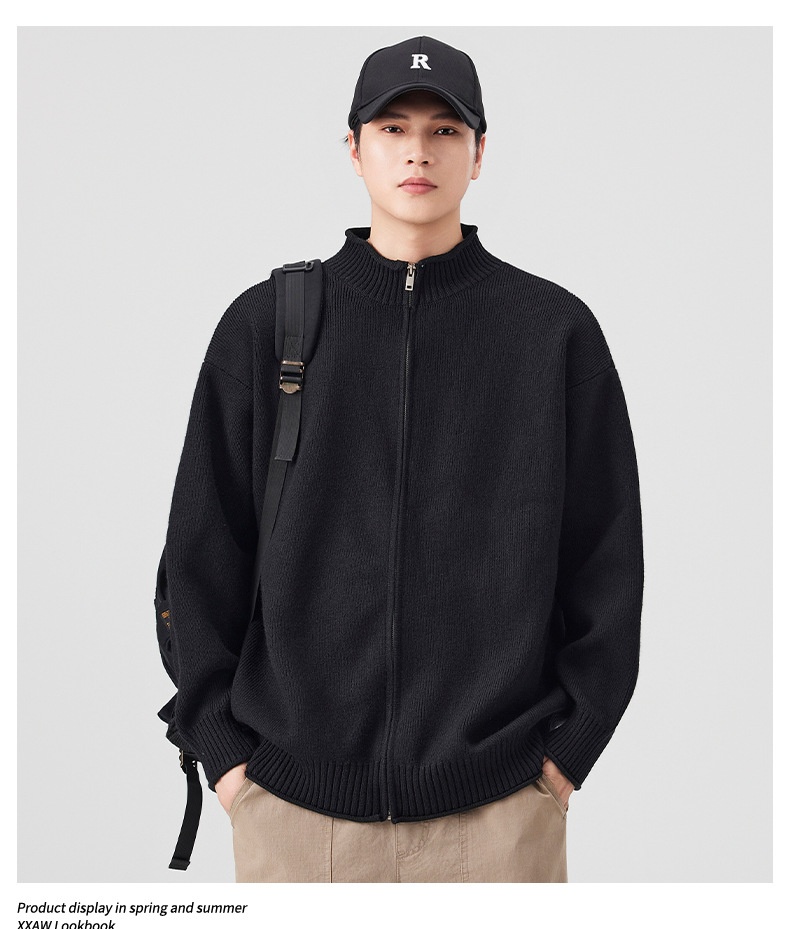 boy Boy Boy Boy Japanese Style Solid Color Heavyweight Zipper Cardigan Knitwear Versatile Casual Autumn Winter Light Sweater_voghion.com