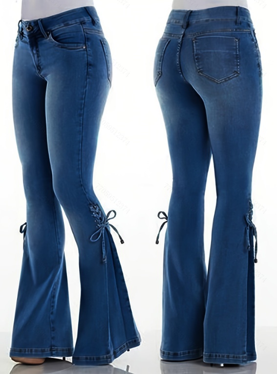 ChicShe Dames Europese en Amerikaanse stijl Mid-Waist Veterbroek Denim Stretchy Flared Jeans_voghion.com