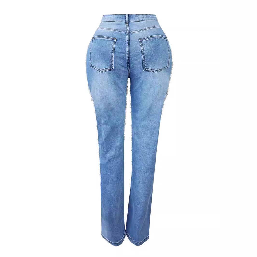 ChicShe Spicy Girl Zomer Europese en Amerikaanse Cross-Border Distressed Heavy Beaded Elastische Jeans Lange Broek Dames JEANS_voghion.com