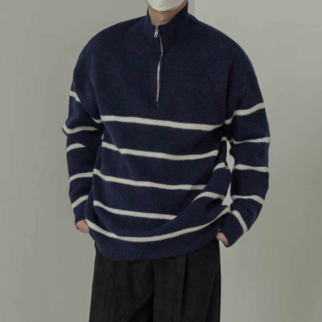 boy Boy Boy Boy Japanese Style Turn-Down Collar Sweater For Men, Autumn Korean Version, Lazy Style, Versatile Striped Pullover, Half-Zip_voghion.com