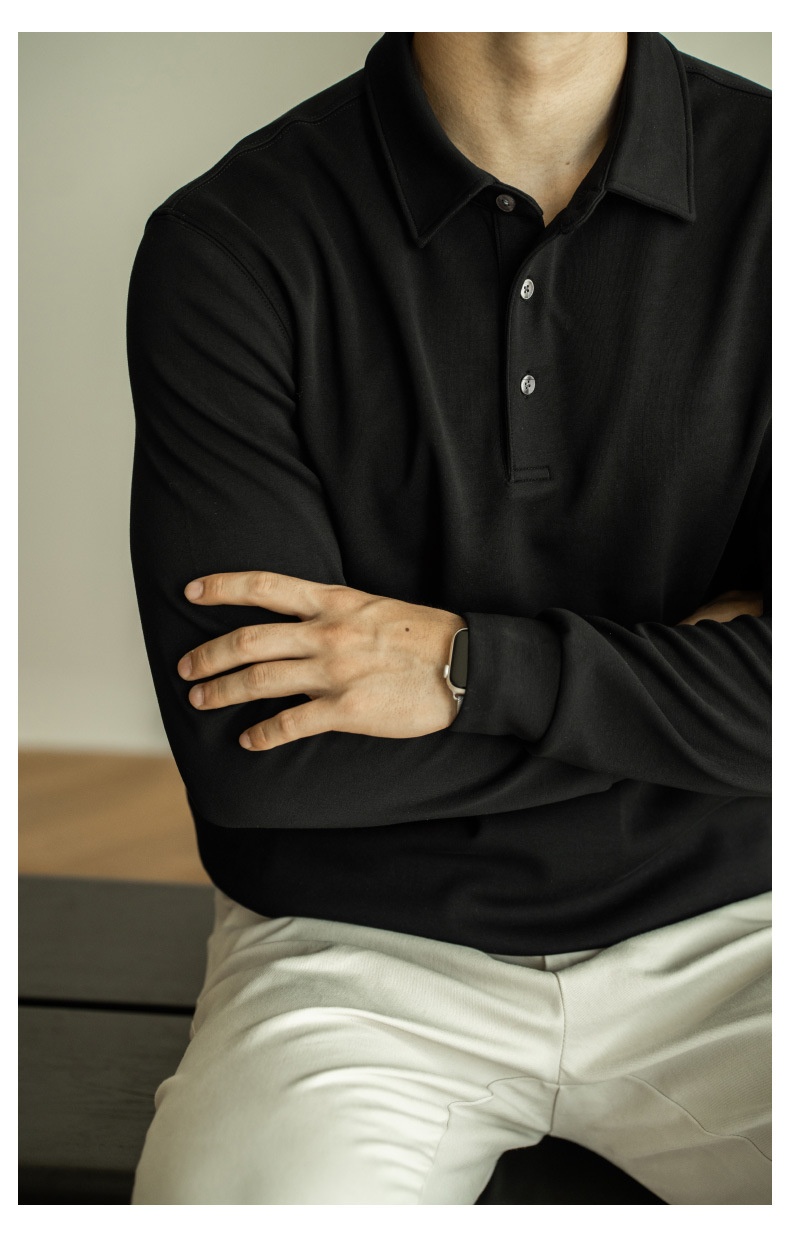 Polo da uomo a maniche lunghe con colletto rovesciato, stile business casual, stile pendolare, modello Boy, pesante, double-face, a strati d'aria, primavera 2025_voghion.com