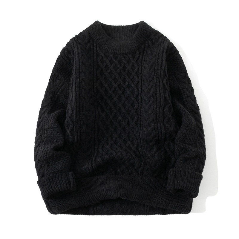 boy Boy Boy Boy Twist Sweater For Men, Autumn And Winter New Retro Japanese Style Round Neck Loose Fit, Fleece Lined, Thickened Sweater,_voghion.com