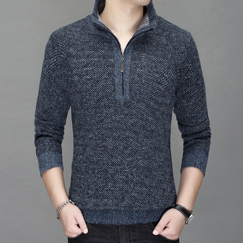 Jungen-Strickjacke aus dickem Fleece, Herren-Freizeitstrickjacke mit Stehkragen, Halbstrickjacke 8146#_voghion.com