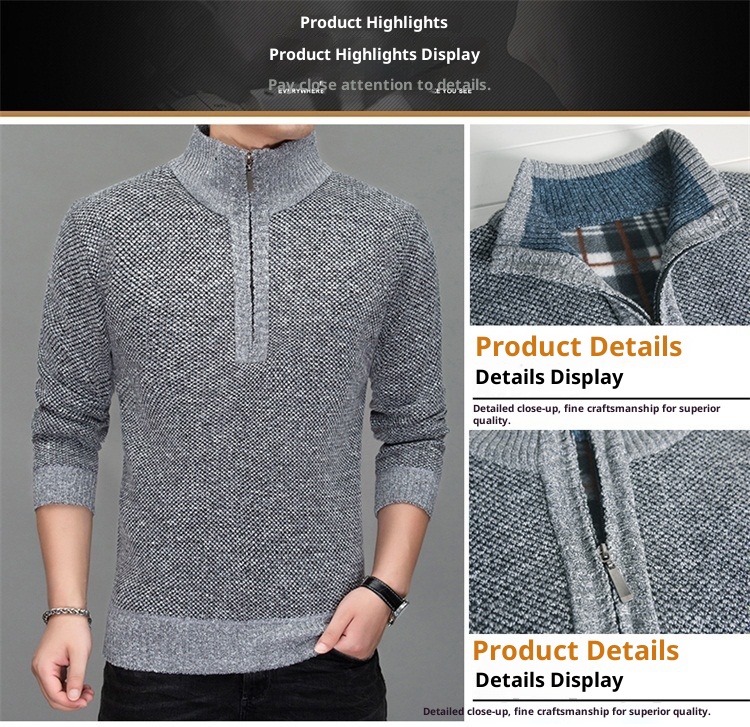 Jungen-Strickjacke aus dickem Fleece, Herren-Freizeitstrickjacke mit Stehkragen, Halbstrickjacke 8146#_voghion.com