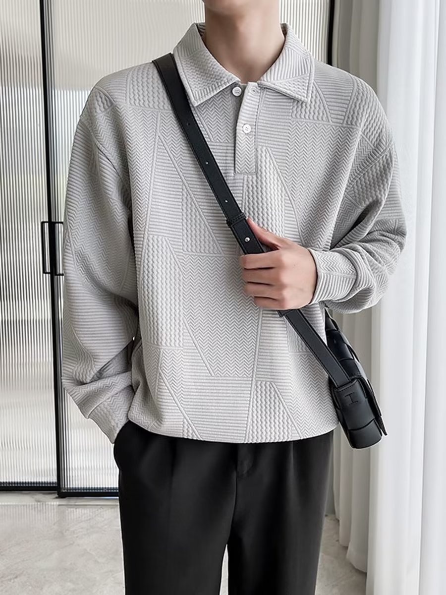 Polo da uomo con colletto rovesciato, modello primavera-autunno a nido d'ape, elegante e alla moda, versatile, casual e matura_voghion.com