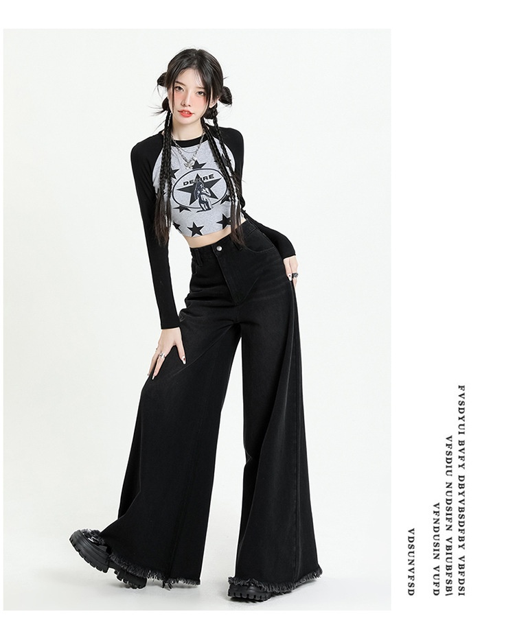 ChicShe ChicShe 2025 European American Cross-Border Street Style Black And Gray Wide-Leg Sweeping Pants Large Cuff Frayed Hem Jeans_voghion.com