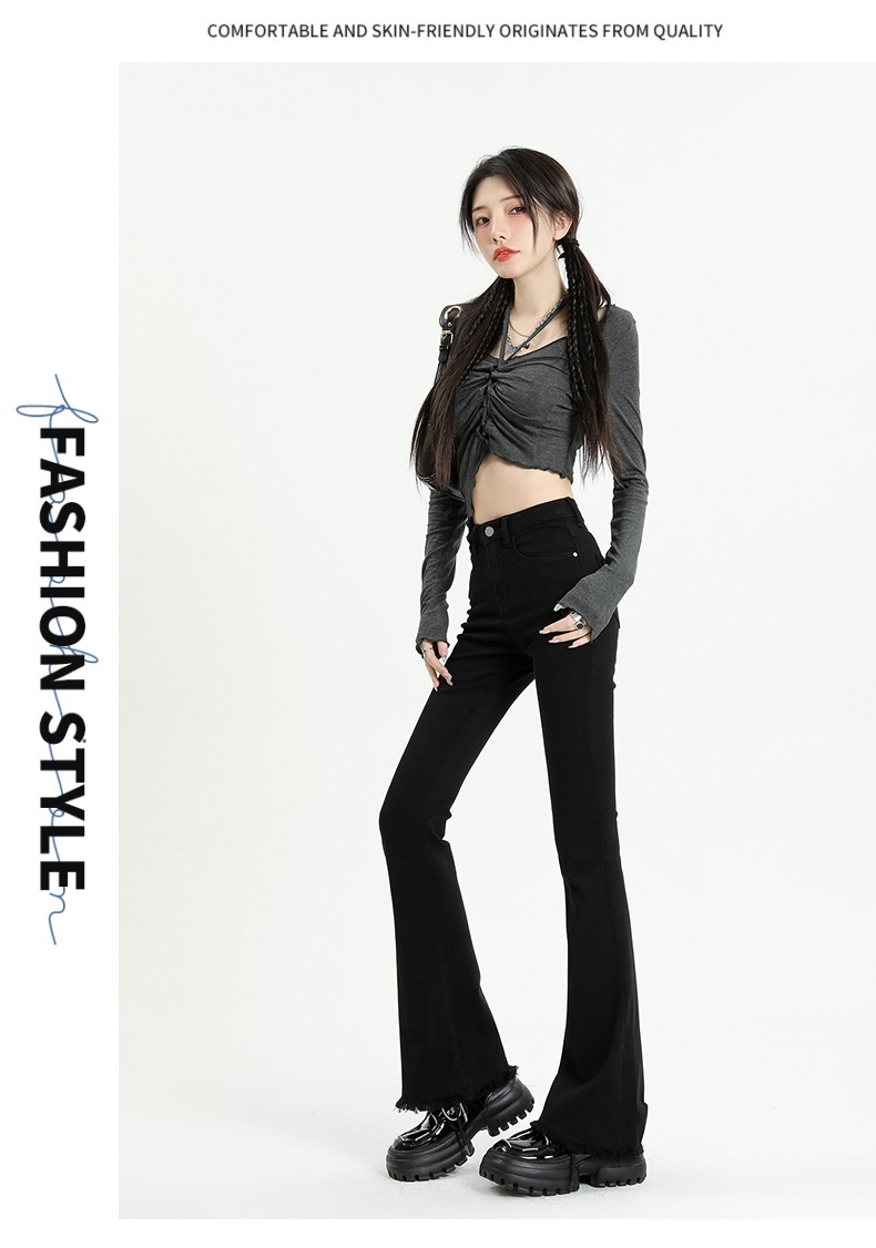 ChicShe Gray Jeans Women, Autumn High Waist Slimming Bootcut Pants, Petite Elastic Frayed Flared Trousers For Fall And Winter_voghion.com