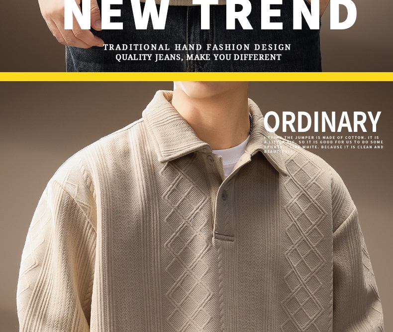 boy Boy High-Ed Frech Style Diamod Patter Jacquard Log-Sleeve Kit Sweater Me, Autum Textured Loose Fit Polo Shirt For_voghion.com