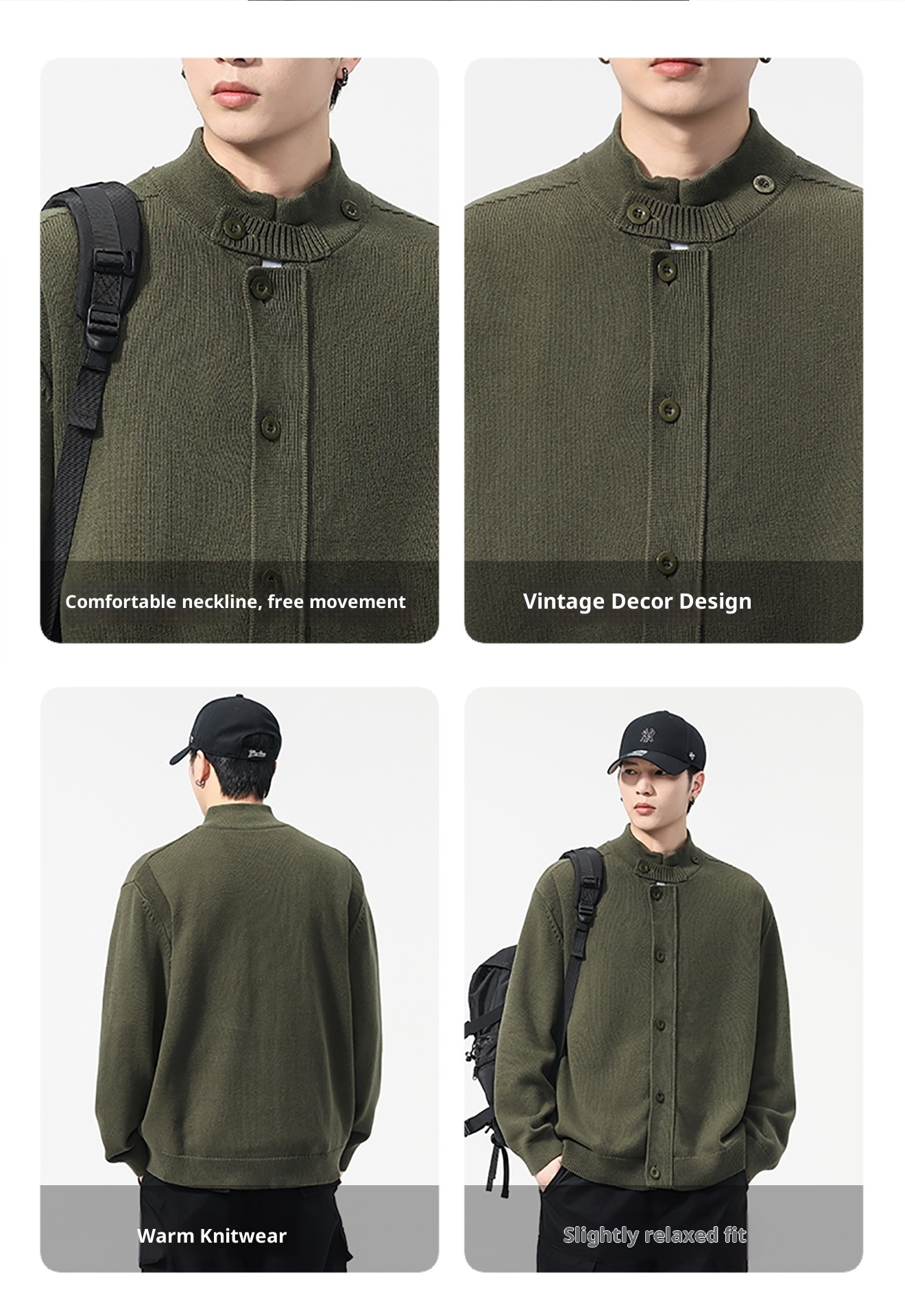 boy Boy Boy Boy 2025 Autumn Winter New Japanese Style Solid Color Stand Collar Cardigan Sweater Jacket Men Loose Casual Top_voghion.com