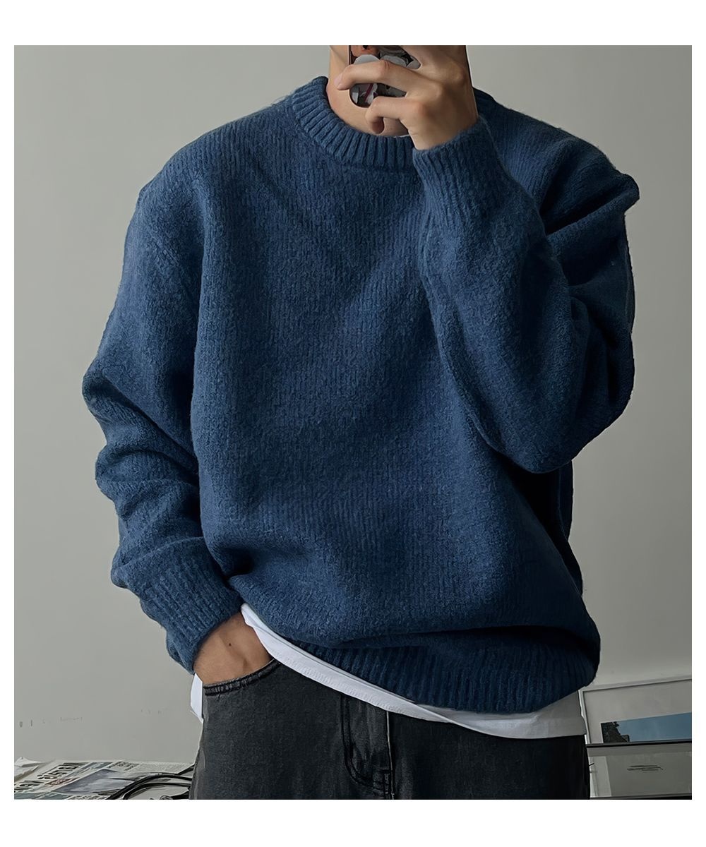 boy Boy Boy Boy Solid Color Drop Shoulder Round Neck Knitted Sweater For Men, Spring And Autumn Lazy Basic Versatile Sweater, Warm_voghion.com