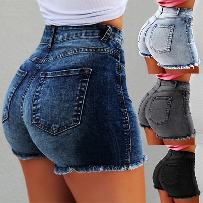 ChicShe Cross-Border Denim Shorts Stretch Tassel Ripped High Waist Hot Pants Damesjeans_voghion.com