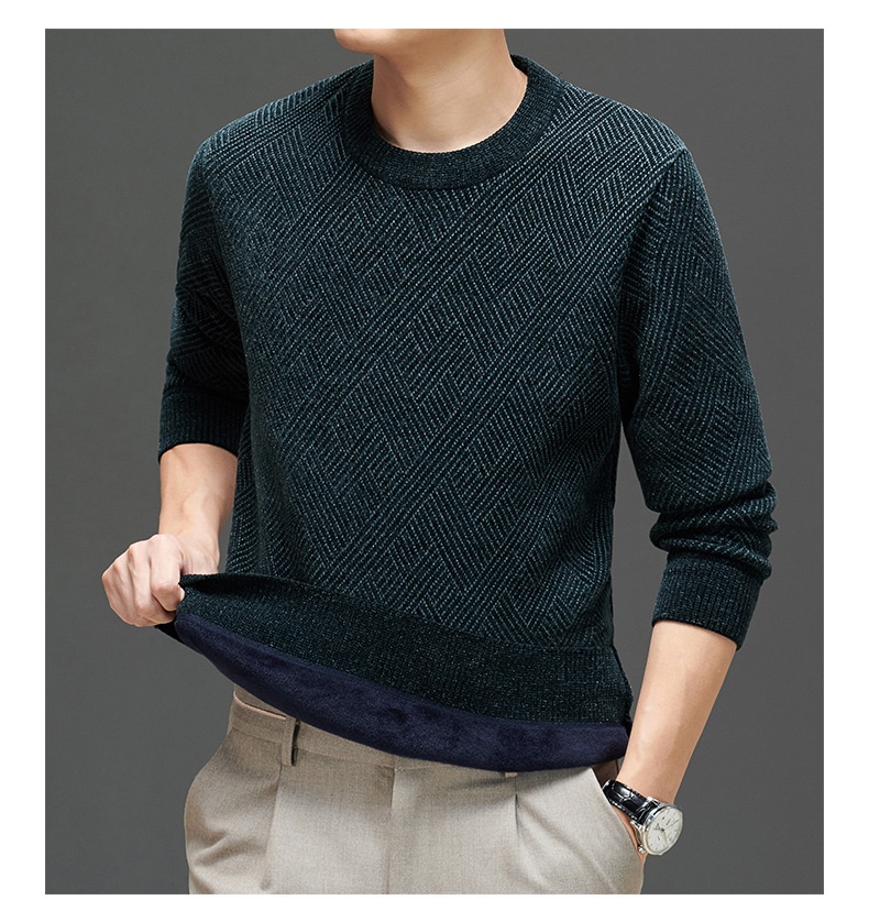 boy Boy Boy Boy 2023 Winter New Thickened Chenille Fleece Knitted Men's Round Neck Warm Base Layer Sweater_voghion.com