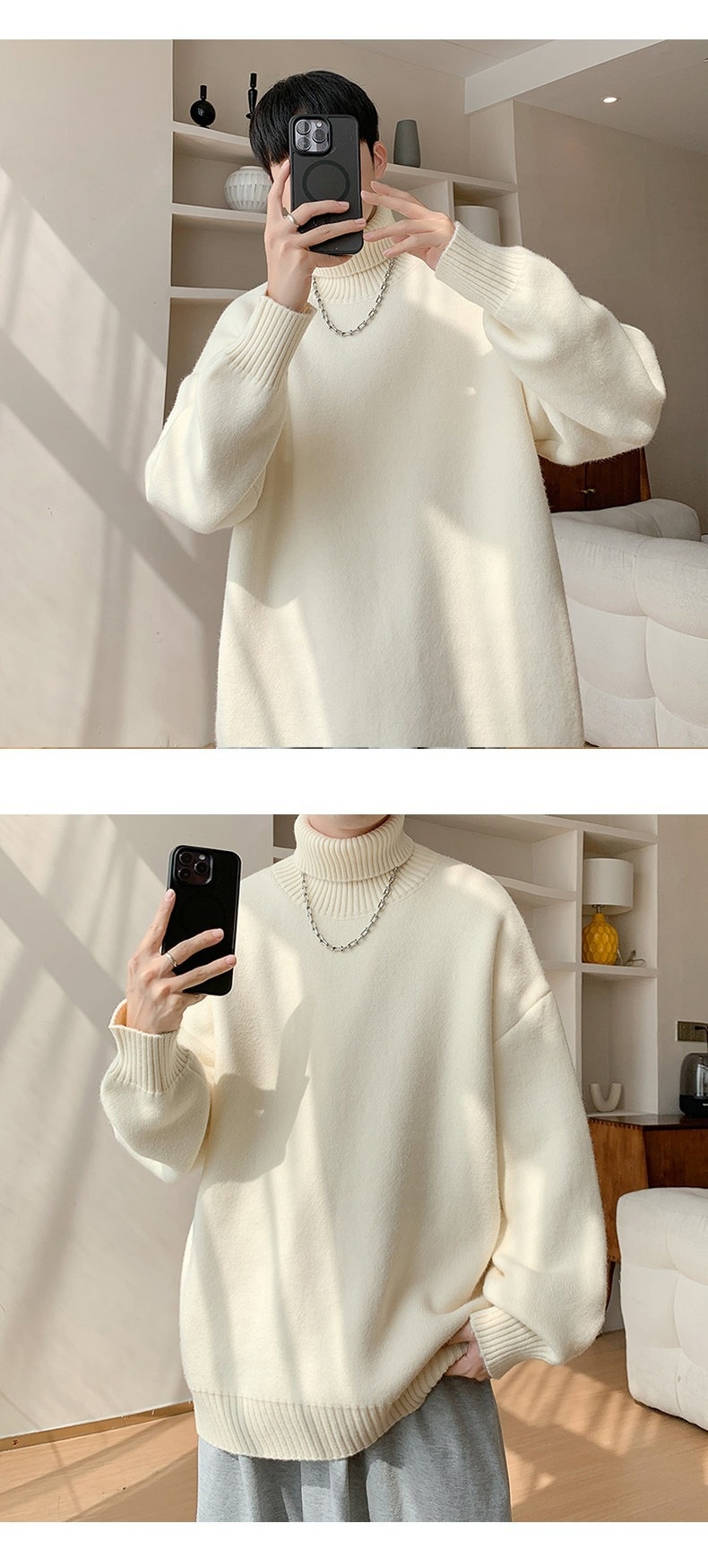 boy Boy Boy Boy Turnable High Collar Men Winter Plus Size Trendy Loose Fit Versatile Knitted Sweater Casual Inner Layer Base Shirt_voghion.com