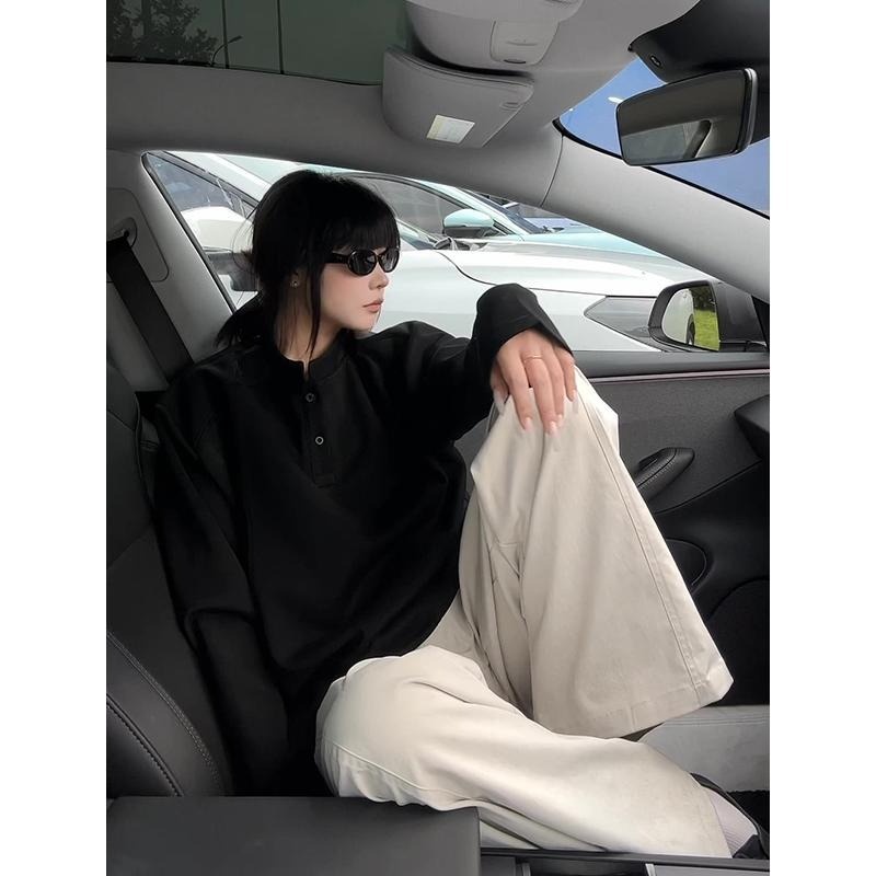 boy Henry Collar Regular Shoulder Sweatshirt For Men, Autumn Cleanfit American Style Deconstructed Patchwork Design Long_voghion.com