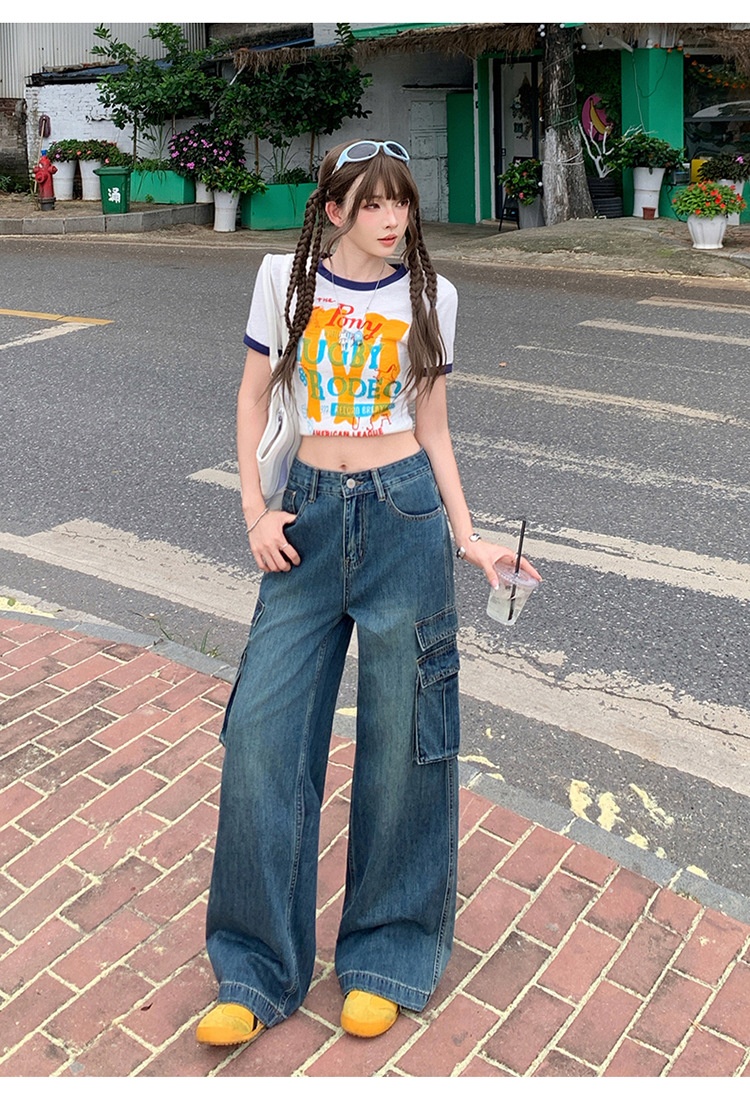 ChicShe Vintage Blue Washed Cargo Jeans For Women New American Retro High Waist Straight Wide Leg Pants_voghion.com