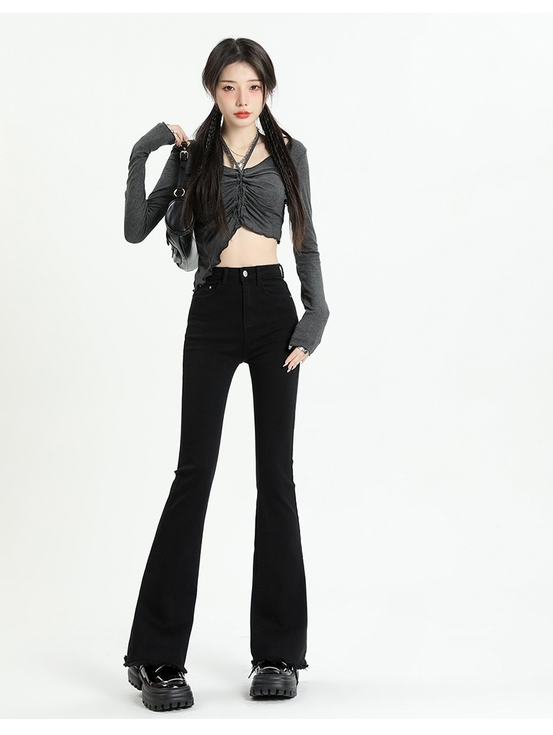 ChicShe Gray Jeans Women, Autumn High Waist Slimming Bootcut Pants, Petite Elastic Frayed Flared Trousers For Fall And Winter_voghion.com