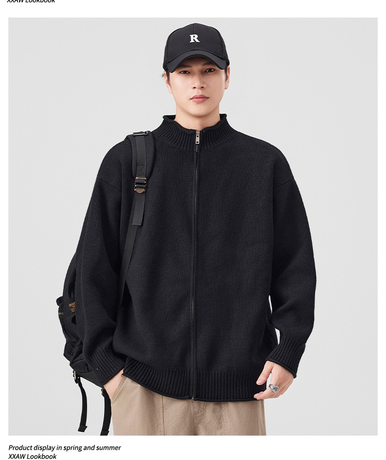 boy Boy Boy Boy Japanese Style Solid Color Heavyweight Zipper Cardigan Knitwear Versatile Casual Autumn Winter Light Sweater_voghion.com