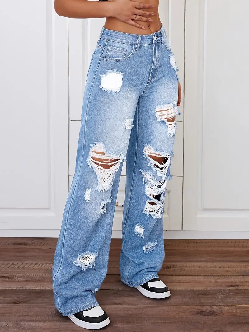 ChicShe European And American Cross-Border Trade Ripped Jeans Washed High Waist Straight Versatile Loose Denim Pants For Women_voghion.com