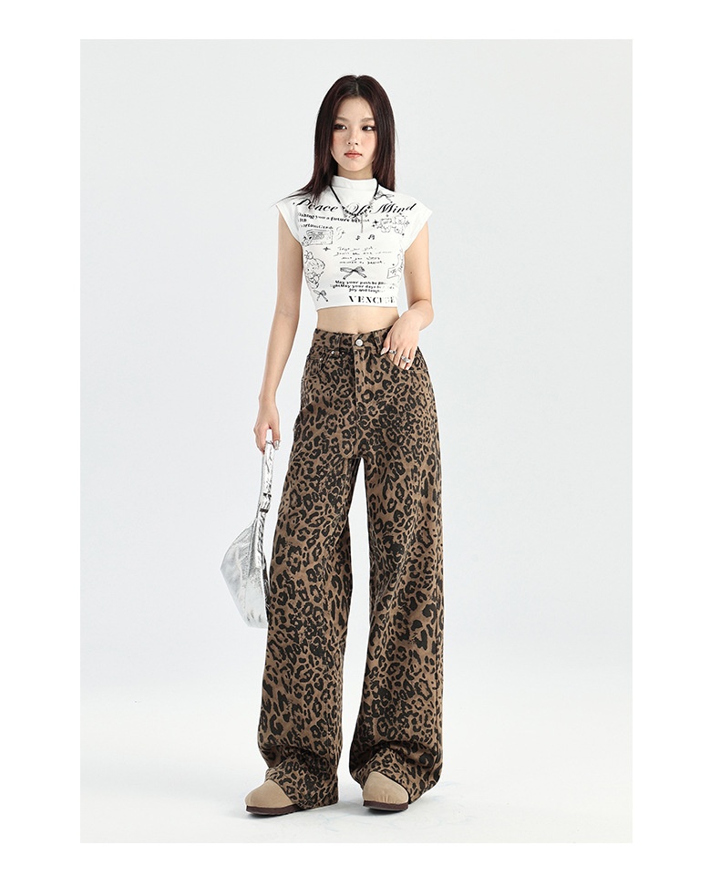 ChicShe luipaardprint wijde jeans voor dames herfst 2025 nieuwe hoge taille Amerikaanse stijl losse afslankende smalle versie_voghion.com