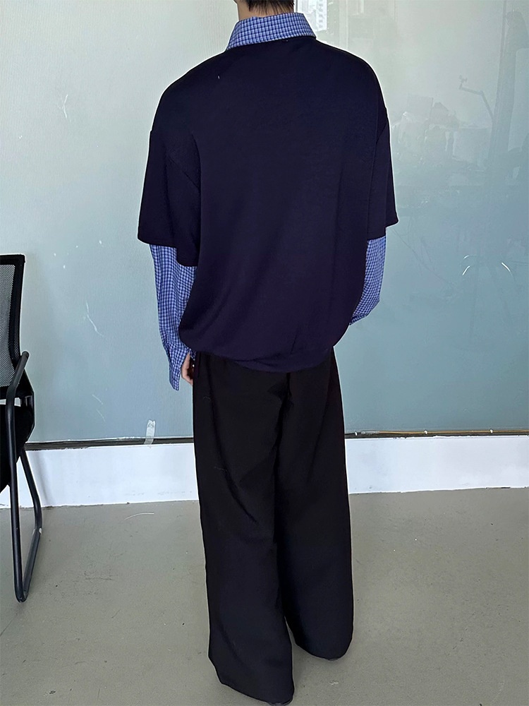 boy Boy Two-Piece American Retro Polo For Men, Spring And Autumn Style, Trendy Brand, High-End Sweatshirt, Plaid Patchwork_voghion.com