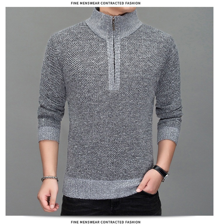 Jungen-Strickjacke aus dickem Fleece, Herren-Freizeitstrickjacke mit Stehkragen, Halbstrickjacke 8146#_voghion.com