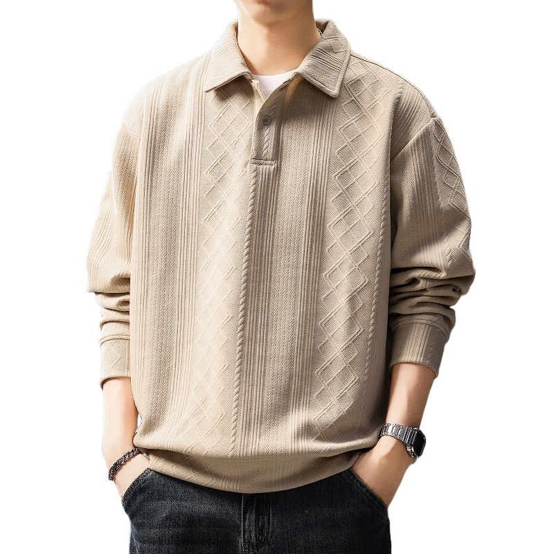 boy Boy High-Ed Frech Style Diamod Patter Jacquard Log-Sleeve Kit Sweater Me, Autum Textured Loose Fit Polo Shirt For_voghion.com