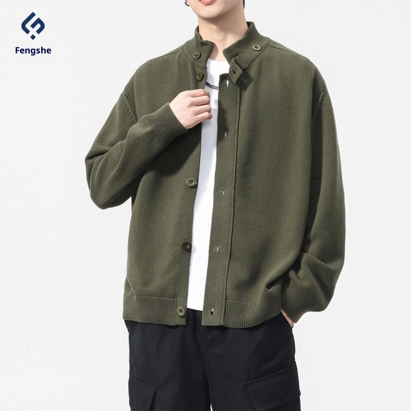 boy Boy Boy Boy 2025 Autumn Winter New Japanese Style Solid Color Stand Collar Cardigan Sweater Jacket Men Loose Casual Top_voghion.com