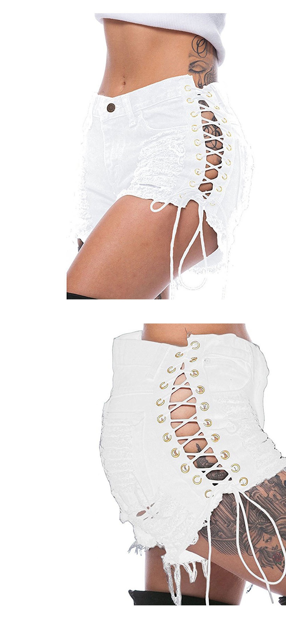 ChicShe Beggar Ripped Jeans Eyelet Bandage Europese en Amerikaanse stijl Nachtclub Sexy Dames Hotpants_voghion.com
