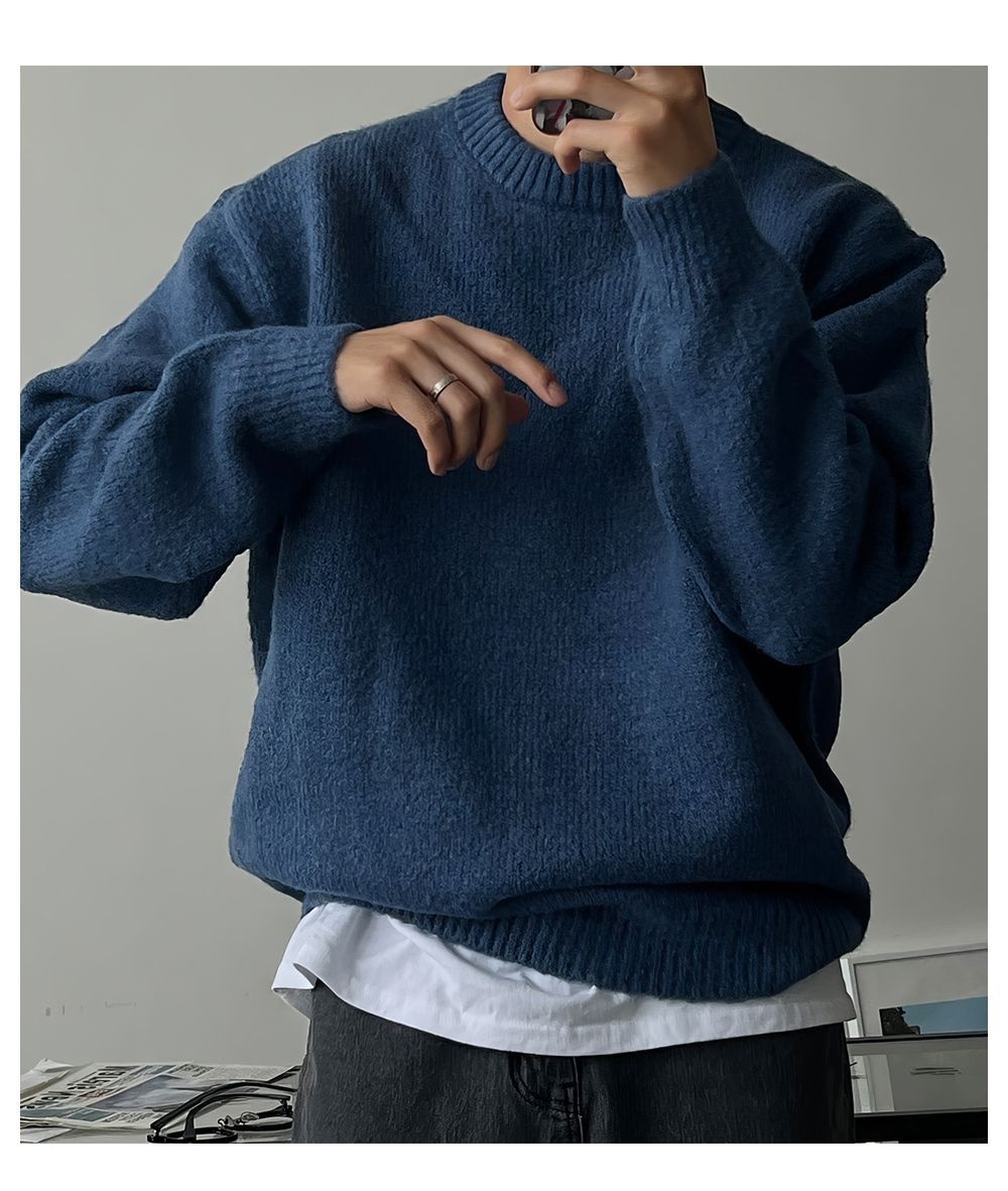 boy Boy Boy Boy Solid Color Drop Shoulder Round Neck Knitted Sweater For Men, Spring And Autumn Lazy Basic Versatile Sweater, Warm_voghion.com