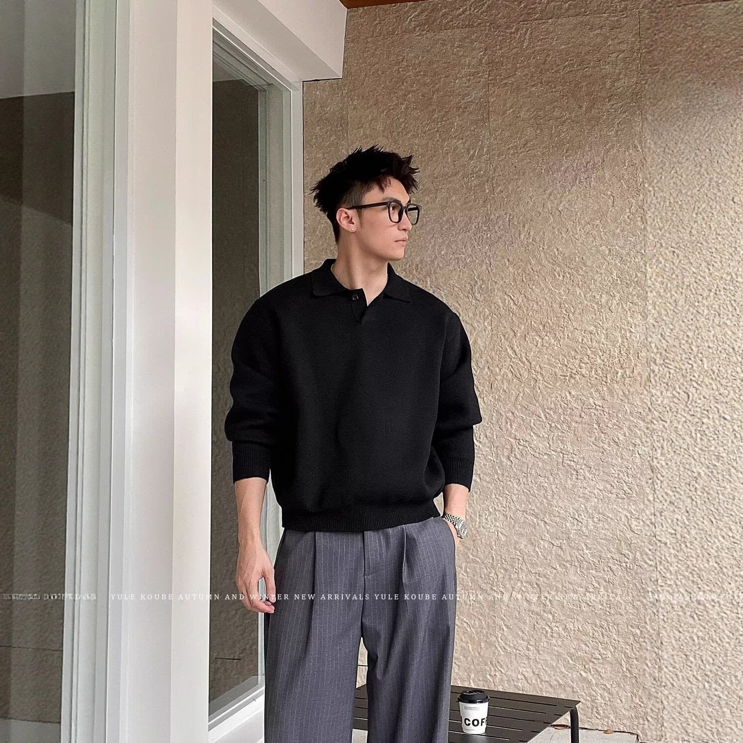 boy Boy Boy Boy Gray Polo Sweater Lazy High-End Feel Winter Heavyweight Turn-Down Collar Knitwear Men's American Cleanfit Jacket_voghion.com