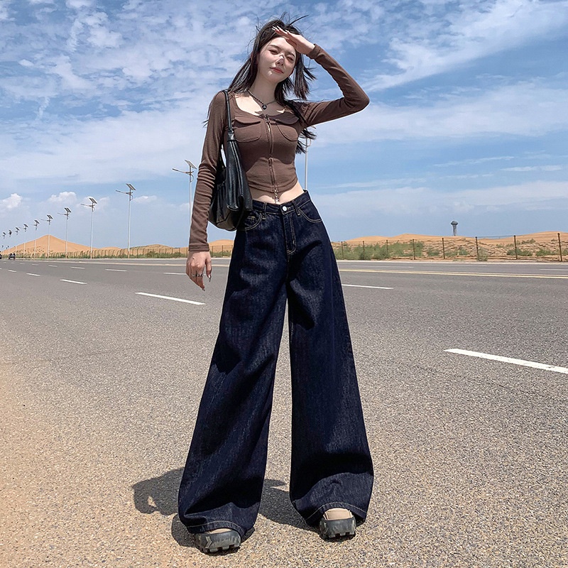 ChicShe Fleece-Lined Jeans For Women, Autumn And Winter New Loose Dark Blue Straight-Leg Pants, American High Street Style,_ecoleips.com