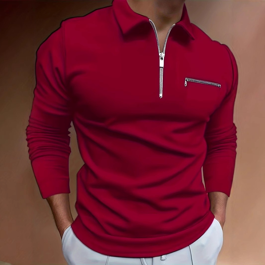 boy Boy Fashion Casual Golf Hiking Long Sleeve Solid Color Double Zipper Turn-Down Collar Sports Polo Shirt_voghion.com