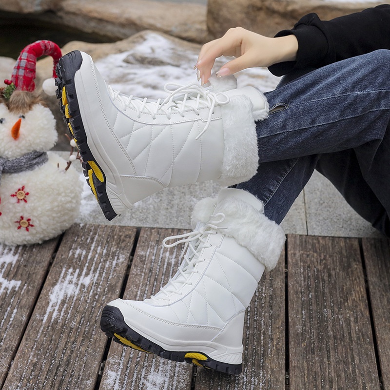 Zees 2025 Damen-Winterskischuhe, warm mit Fleece gefüttert, hohe Schnürschuhe aus Baumwolle, rutschfeste Wanderschuhe_voghion.com