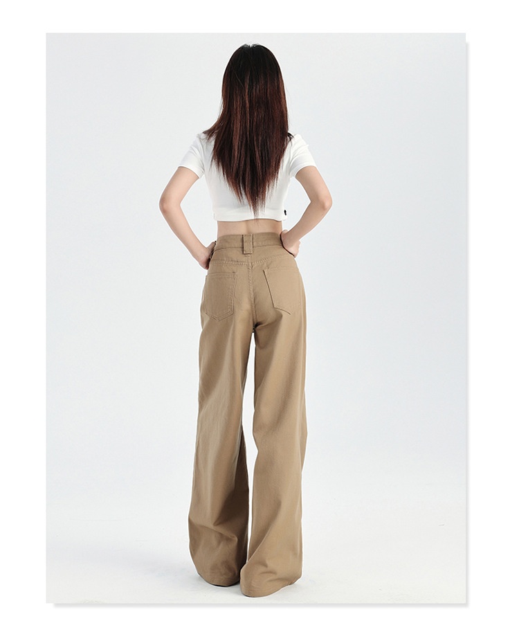 ChicShe Hong Kong-stijl rechte jeans voor dames, zomer, nieuwe high-end Latte Brown losse, afslankende, wijde broek tot op de grond_voghion.com