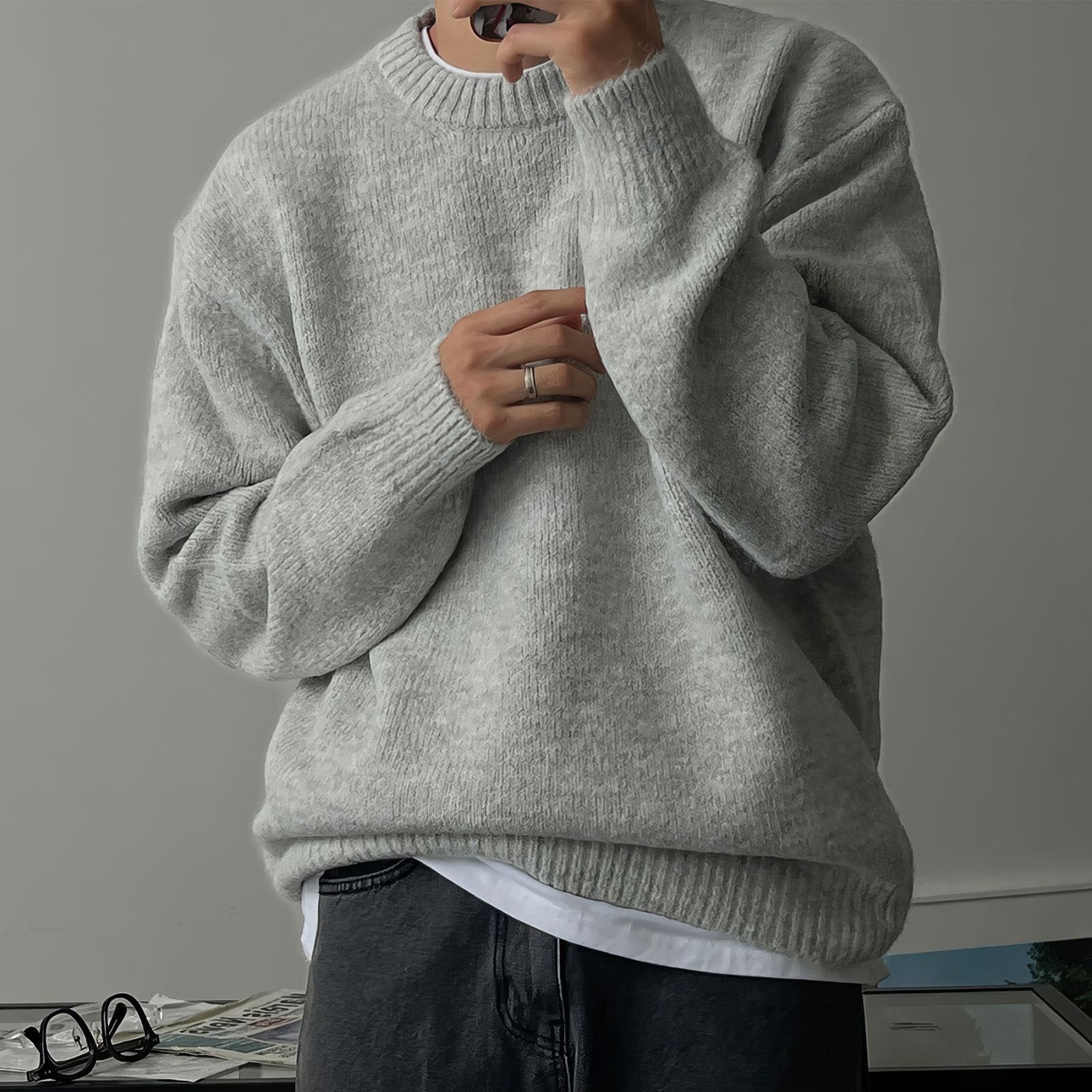 boy Boy Boy Boy Solid Color Drop Shoulder Round Neck Knitted Sweater For Men, Spring And Autumn Lazy Basic Versatile Sweater, Warm_voghion.com