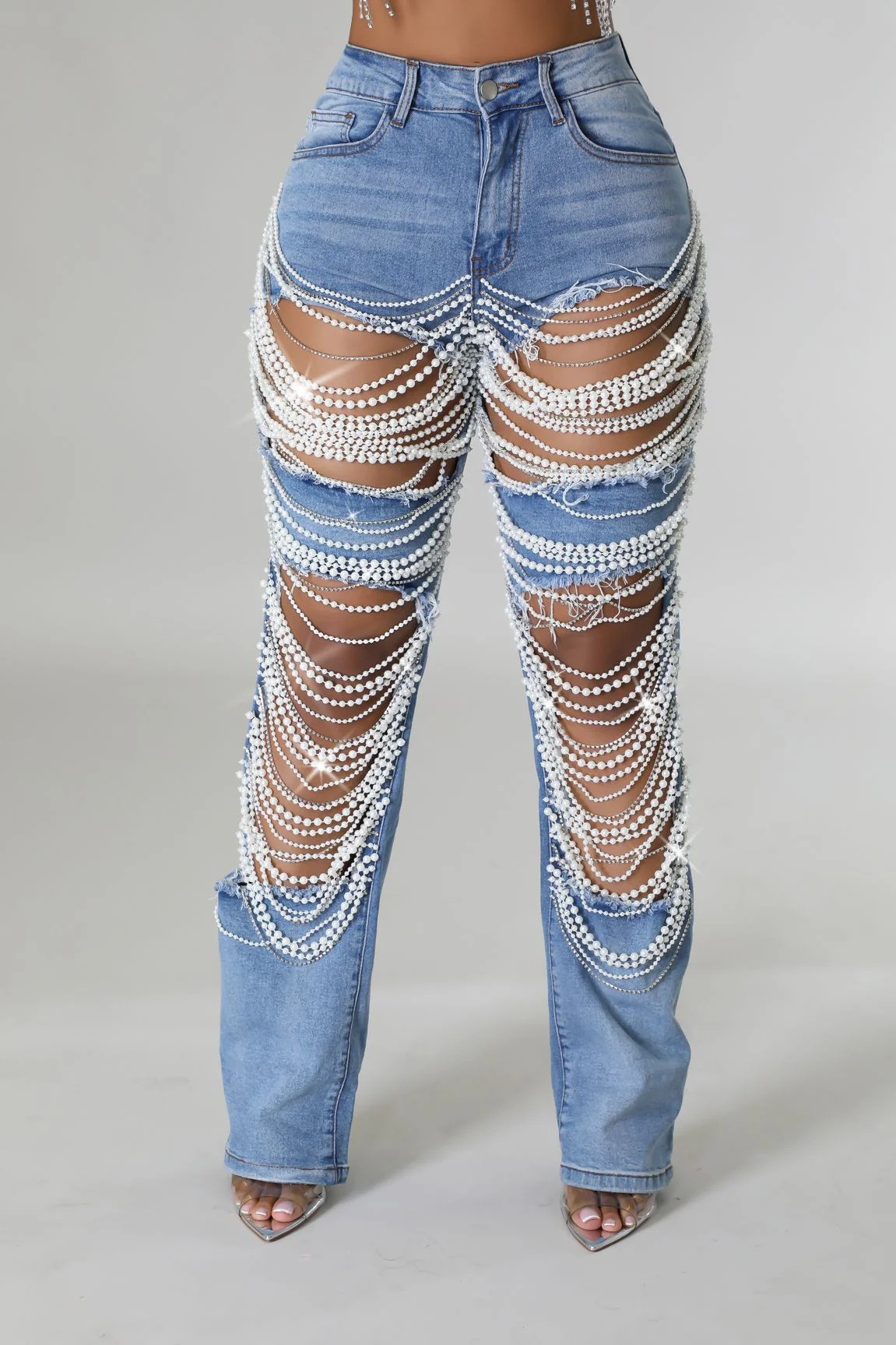 ChicShe Spicy Girl Zomer Europese en Amerikaanse Cross-Border Distressed Heavy Beaded Elastische Jeans Lange Broek Dames JEANS_voghion.com